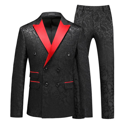 Tailored Fit Peaked Lapel Double Breasted Six-Buttons Jacquard 2 Piece Men's Party Suits