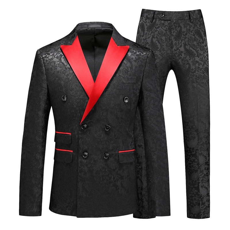 Tailored Fit Peaked Lapel Double Breasted Six-Buttons Jacquard 2 Piece Men's Party Suits