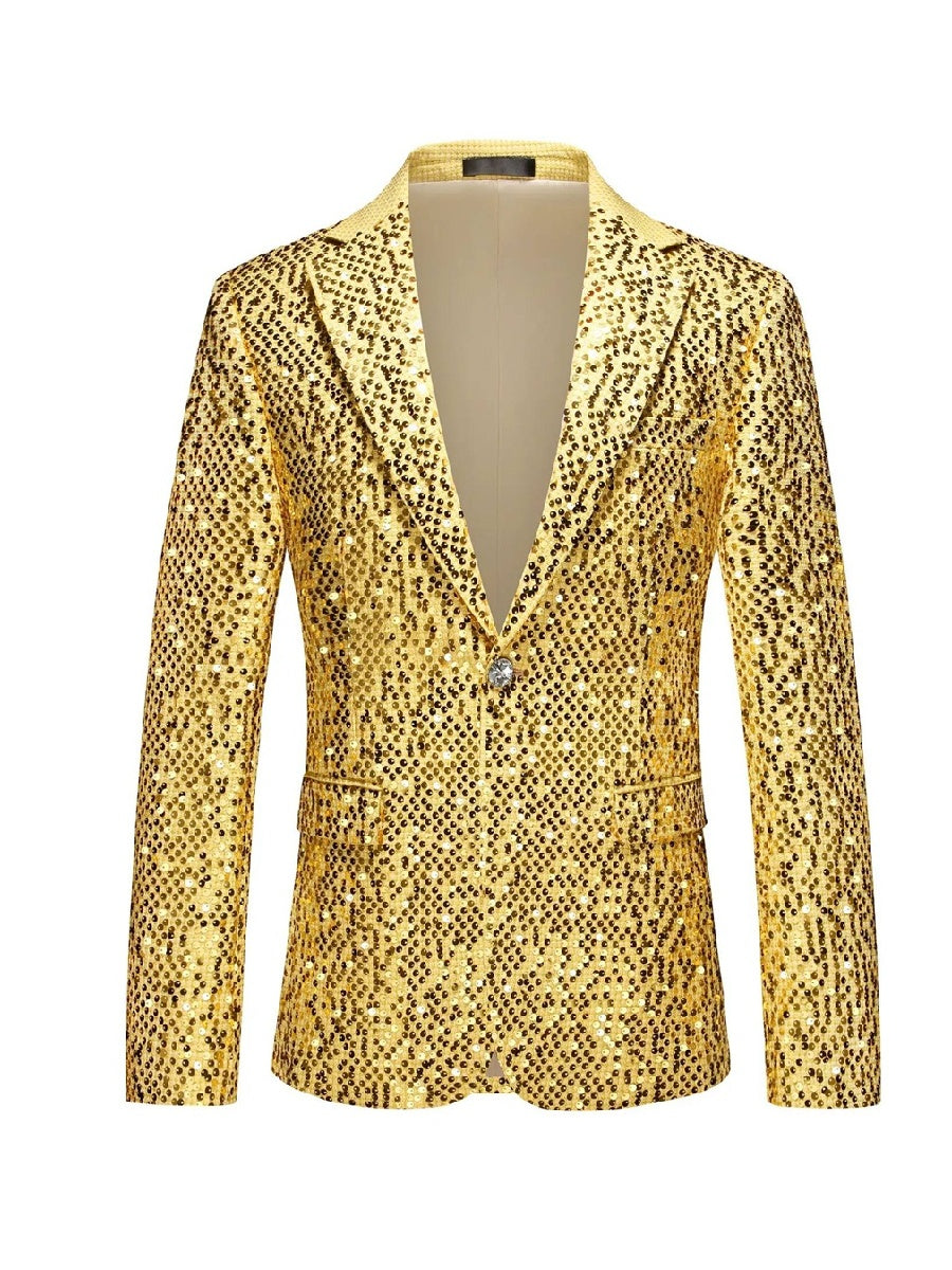 Tailored Fit Notched Lapel Single Breasted One-Button Men's Party Jacket With Sequins