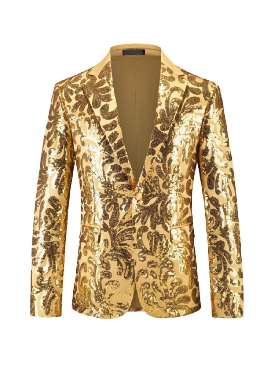 Tailored Fit Lapel Single Breasted One-Button Sequins Printed Men's Party Jacket