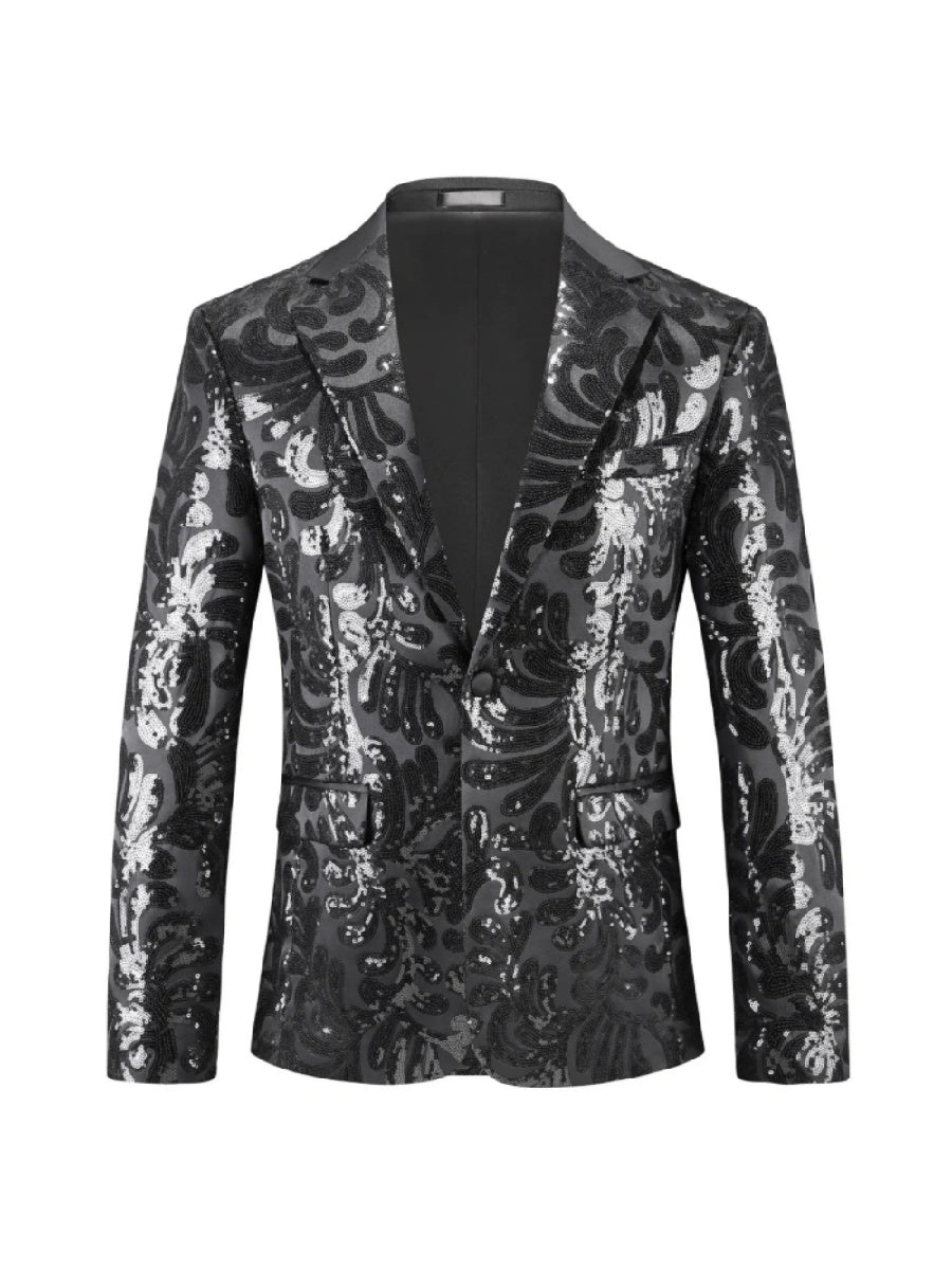 Tailored Fit Lapel Single Breasted One-Button Sequins Printed Men's Party Jacket