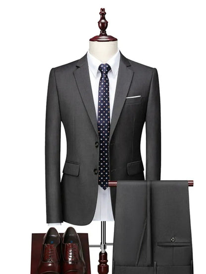 Tailored Fit Single Breasted Two-button 2 Pieces Solid Colored Men's Casual Suits