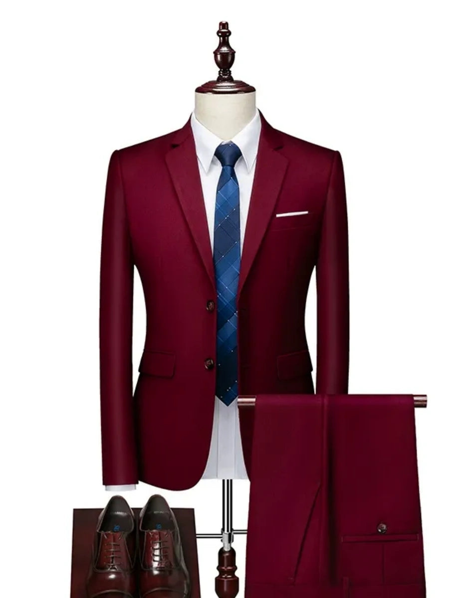 Tailored Fit Single Breasted Two-button 2 Pieces Solid Colored Men's Casual Suits