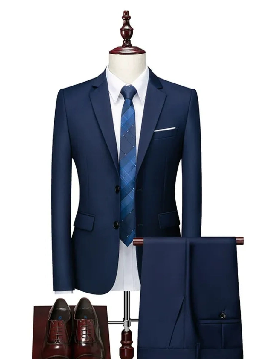 Tailored Fit Single Breasted Two-button 2 Pieces Solid Colored Men's Casual Suits