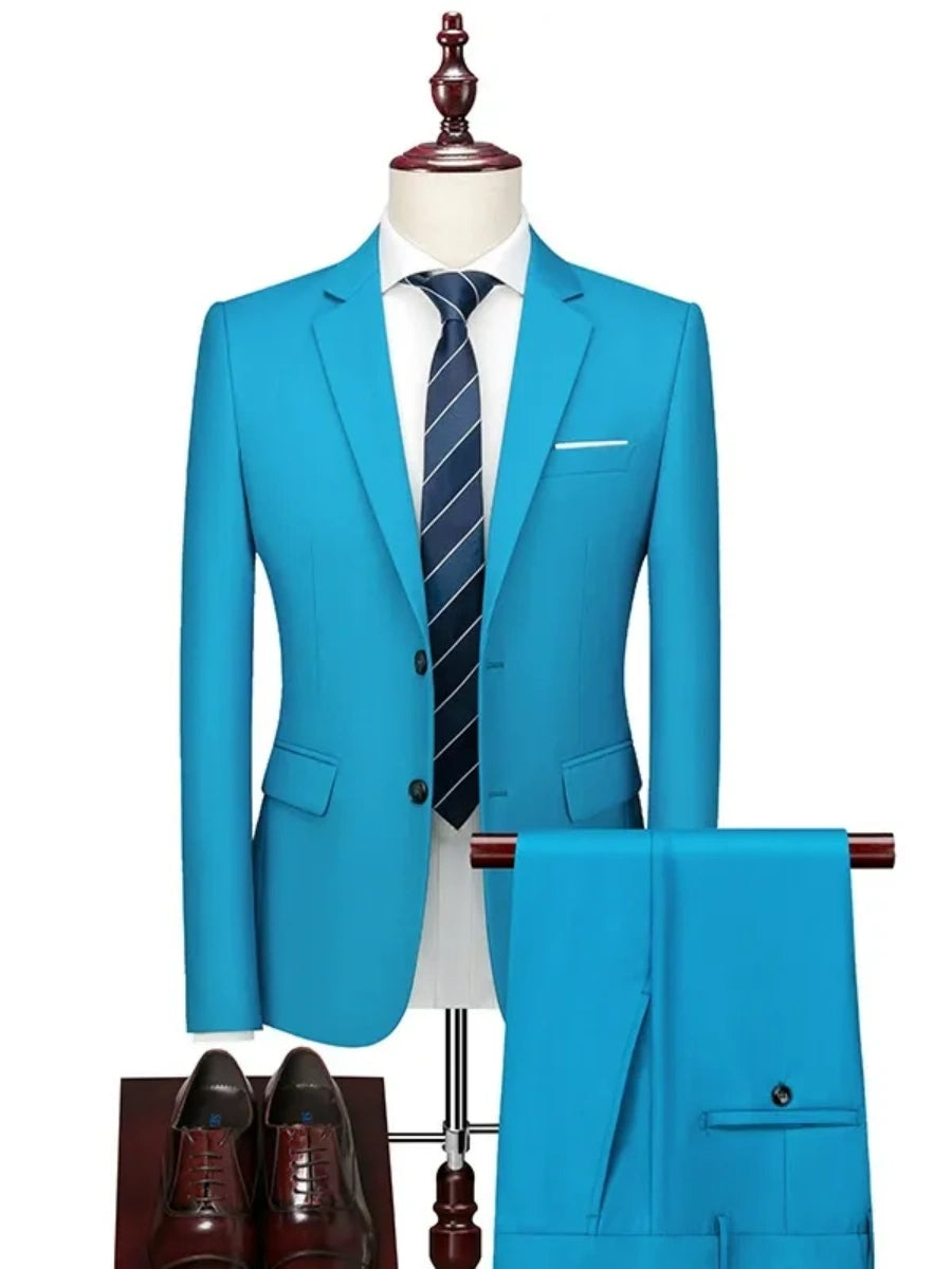 Tailored Fit Single Breasted Two-button 2 Pieces Solid Colored Men's Casual Suits