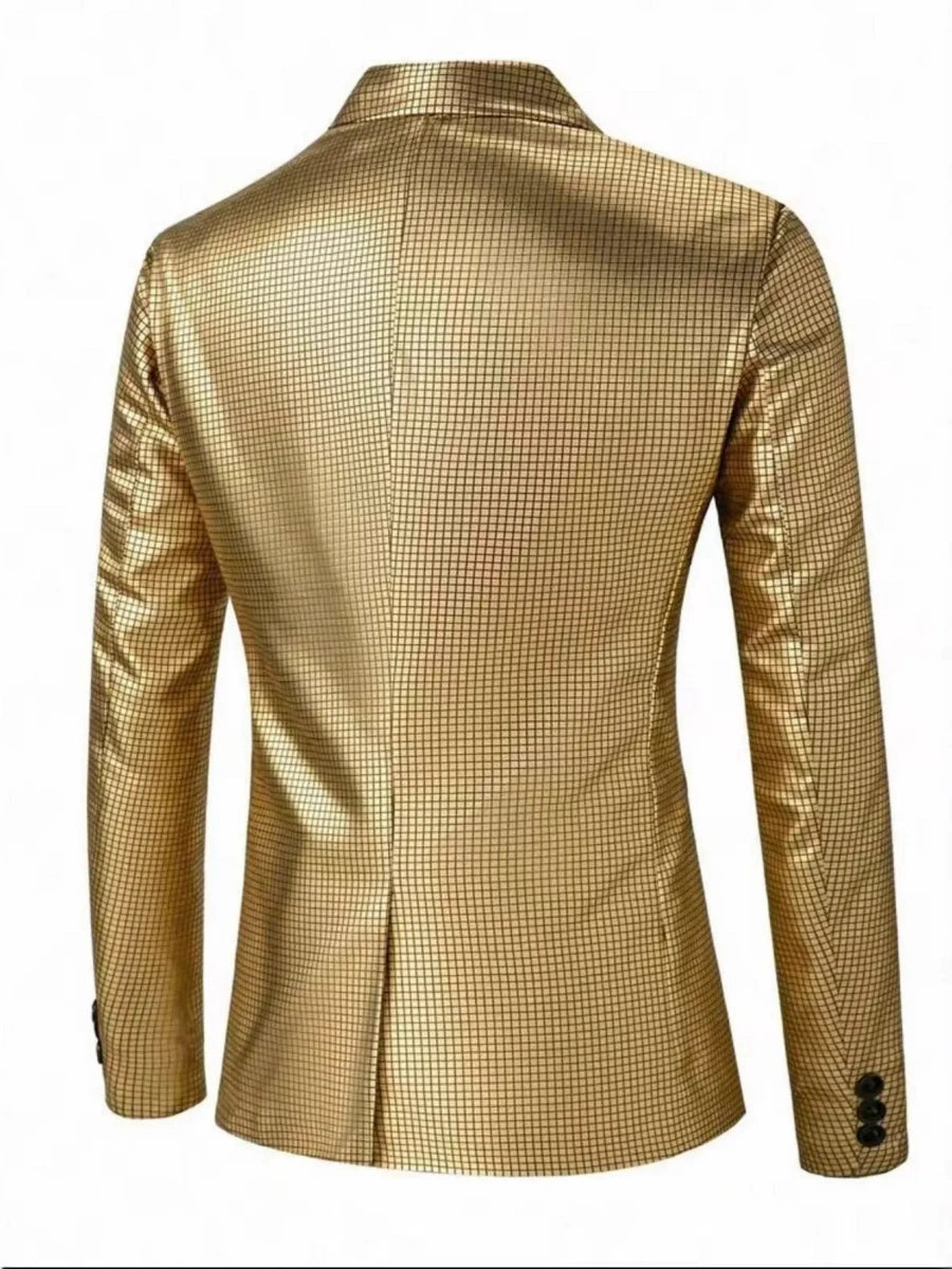 Tailored Fit Lapel Single Breasted One-Button Gilded Grid Men's Party Jacket