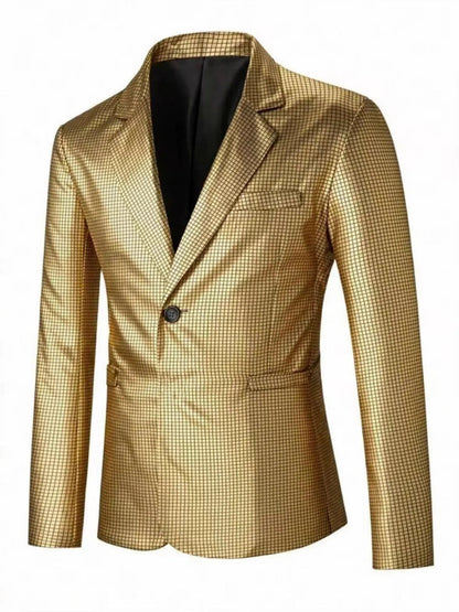 Tailored Fit Lapel Single Breasted One-Button Gilded Grid Men's Party Jacket