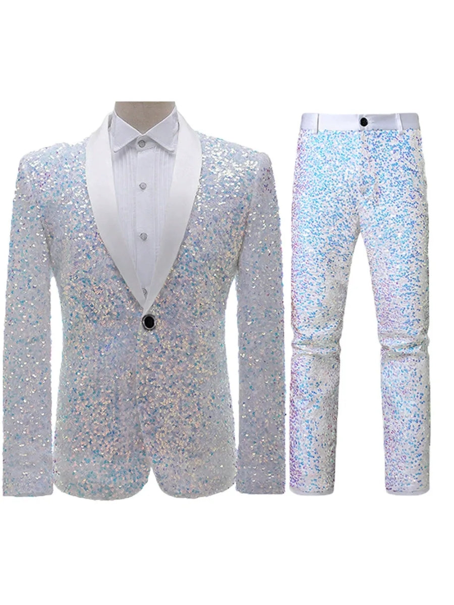 Tailored Fit Single Breasted One-button 2 Pieces Sequins Men's Casual Suits