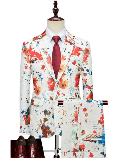 Tailored Fit Single Breasted One-button 2 Pieces 3D Digital Printed Men's Casual Suits