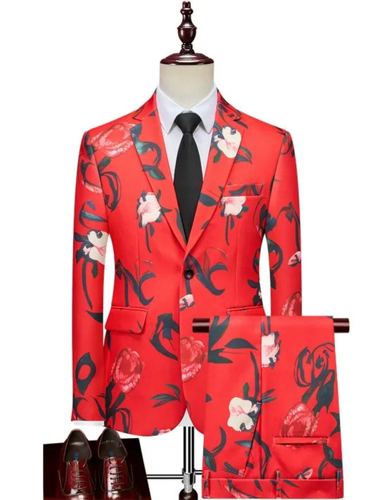 Tailored Fit Single Breasted One-button 2 Pieces Flower Printed Men's Casual Suits