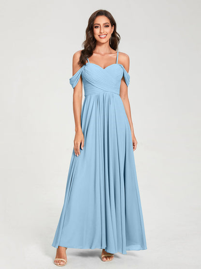 A-Line/Princess Chiffon Spaghetti Straps Short Sleeves Floor-Length With Pleats Bridesmaid Dresses