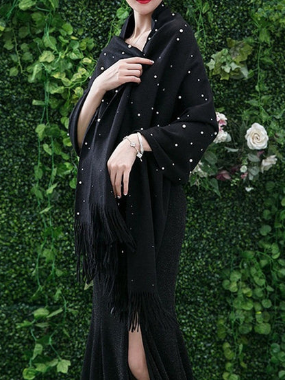 Women's Cashmere Solid Colored Scarf Casual Shawl with Pearls & Tassels