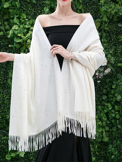 Women's Cashmere Solid Colored Scarf Casual Shawl with Pearls & Tassels