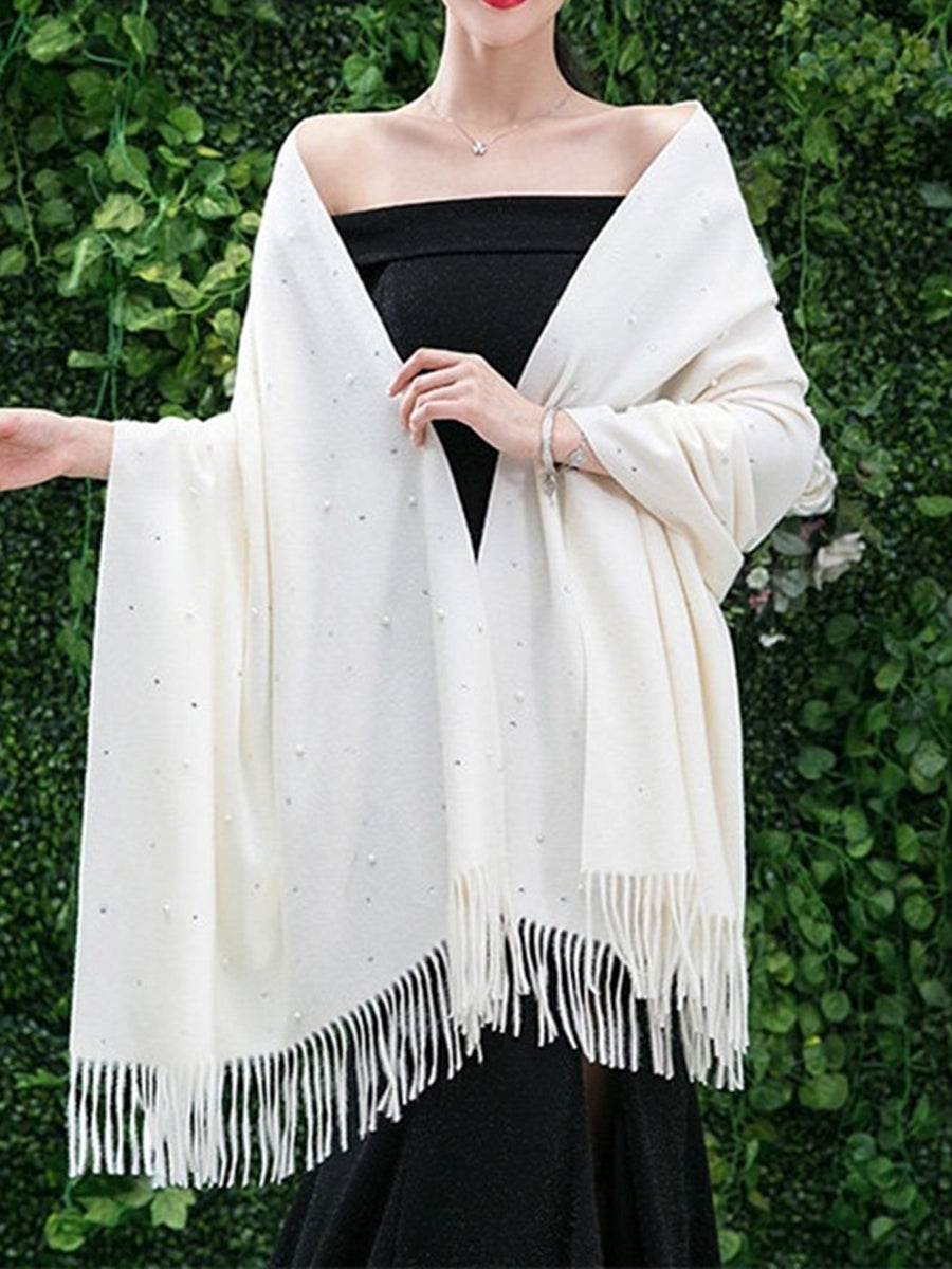 Women's Cashmere Solid Colored Scarf Casual Shawl with Pearls & Tassels