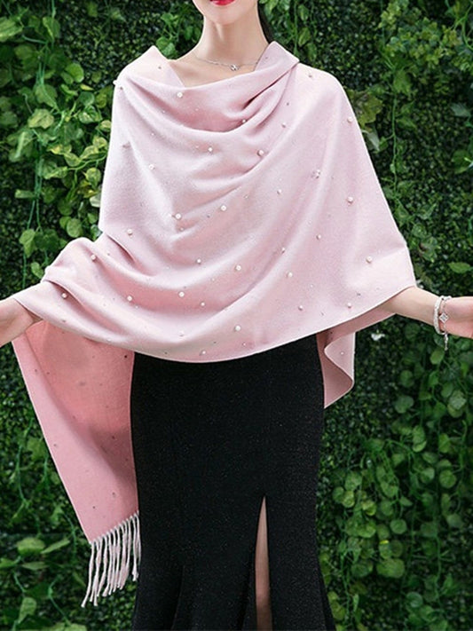 Women's Cashmere Solid Colored Scarf Casual Shawl with Pearls & Tassels