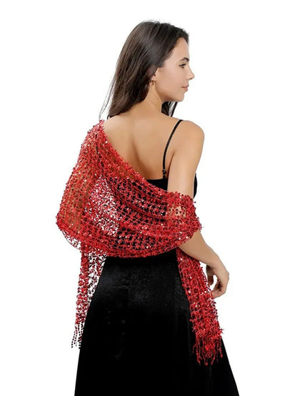 Women's Solid Colored Fringed Scarf Wedding Cape with Sequins