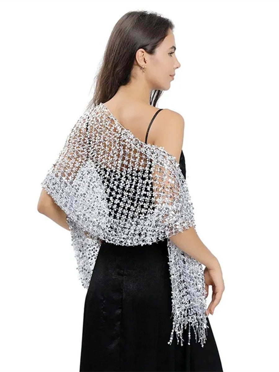 Women's Solid Colored Fringed Scarf Wedding Cape with Sequins