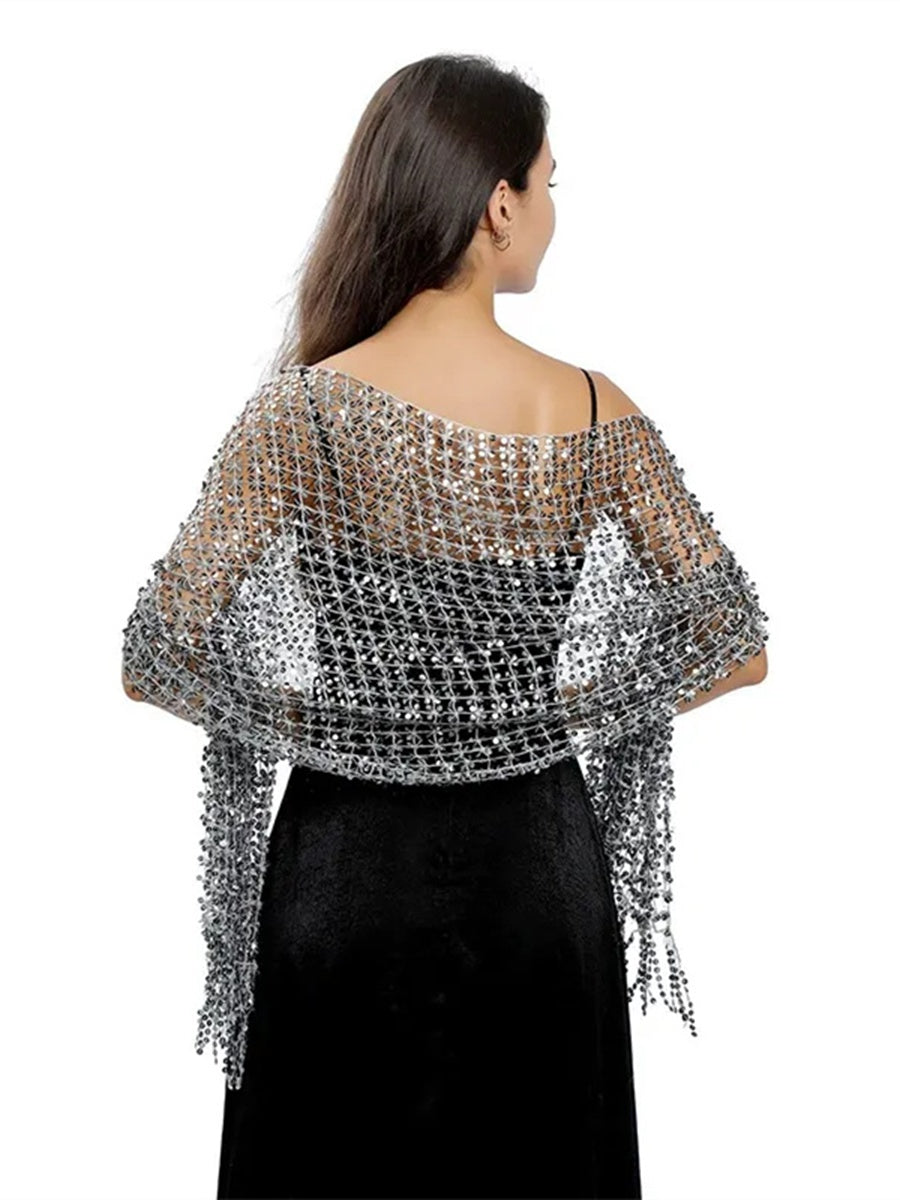 Women's Solid Colored Fringed Scarf Wedding Cape with Sequins