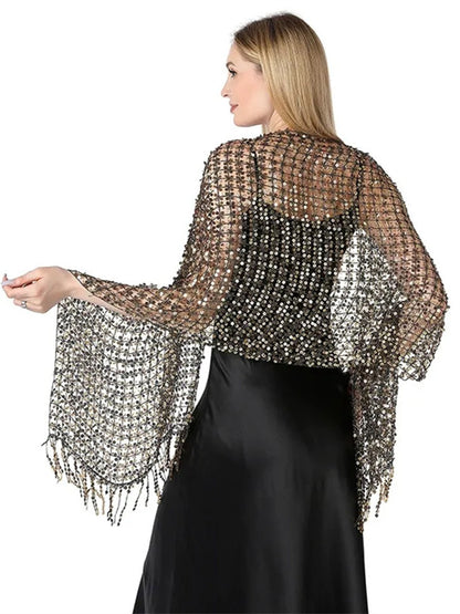 Women's Solid Colored Fringed Scarf Wedding Cape with Sequins
