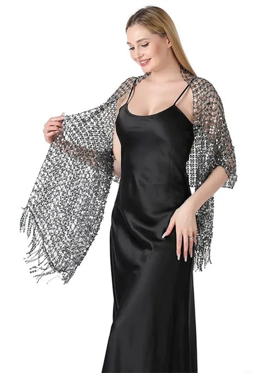 Women's Solid Colored Fringed Scarf Wedding Cape with Sequins