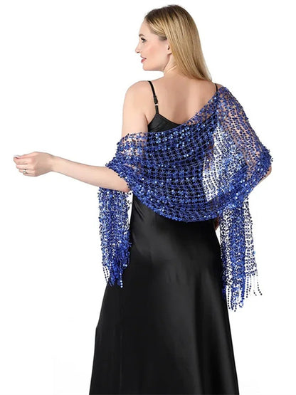 Women's Solid Colored Fringed Scarf Wedding Cape with Sequins