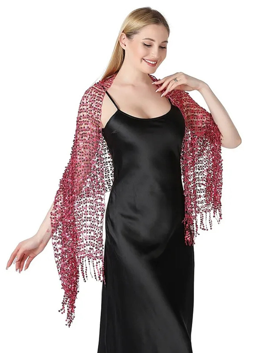 Women's Solid Colored Fringed Scarf Wedding Cape with Sequins