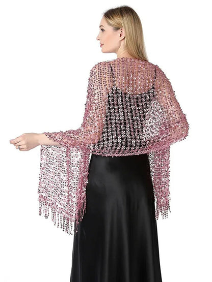 Women's Solid Colored Fringed Scarf Wedding Cape with Sequins