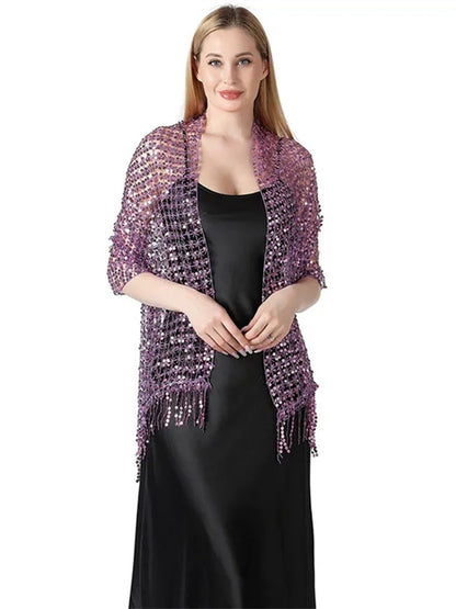 Women's Solid Colored Fringed Scarf Wedding Cape with Sequins