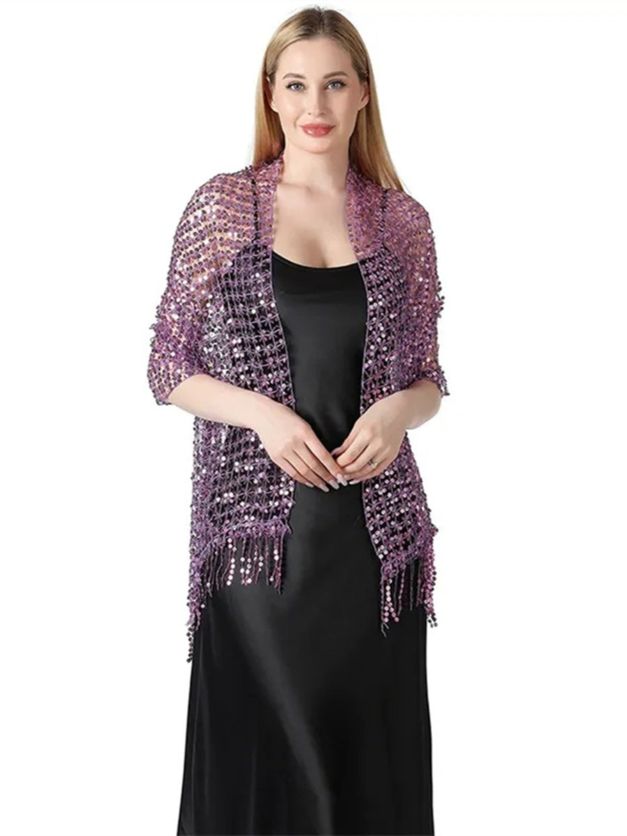 Women's Solid Colored Fringed Scarf Wedding Cape with Sequins