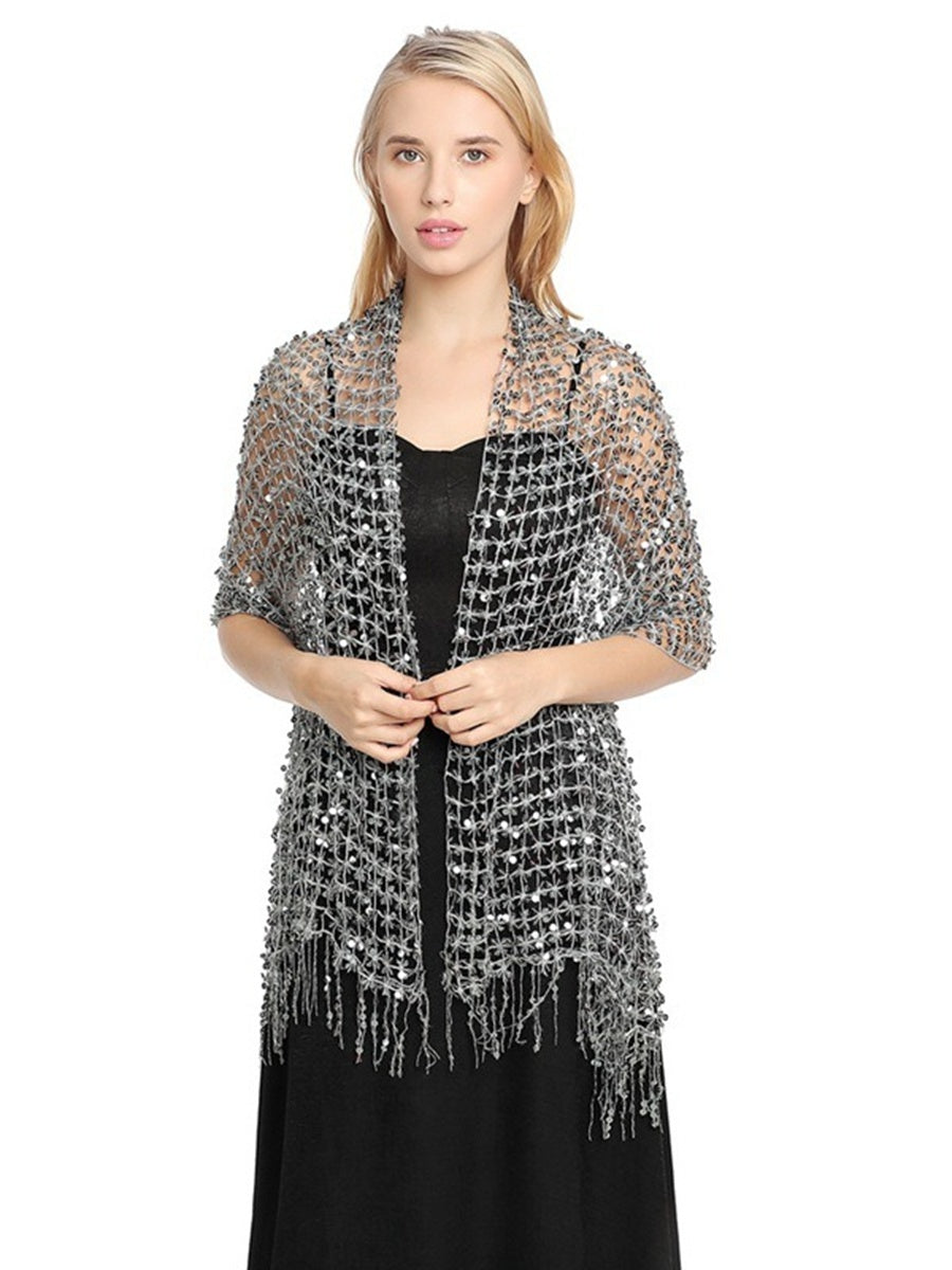 Women's Solid Colored Fringed Scarf Wedding Cape with Sequins