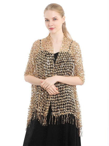 Women's Solid Colored Fringed Scarf Wedding Cape with Sequins