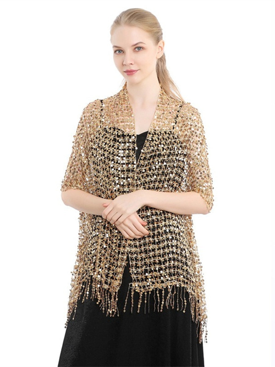 Women's Solid Colored Fringed Scarf Wedding Cape with Sequins
