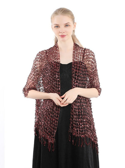 Women's Solid Colored Fringed Scarf Wedding Cape with Sequins
