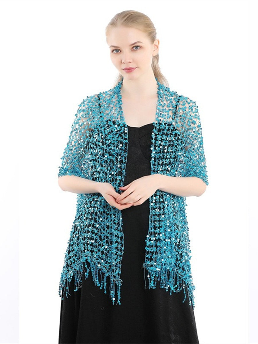 Women's Solid Colored Fringed Scarf Wedding Cape with Sequins