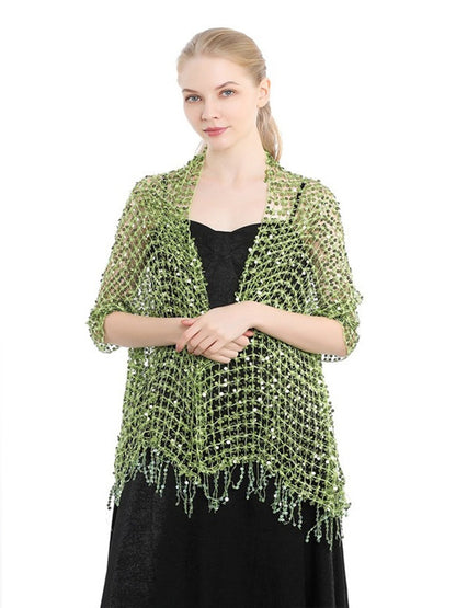 Women's Solid Colored Fringed Scarf Wedding Cape with Sequins