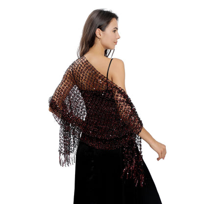 Women's Solid Colored Fringed Scarf Wedding Cape with Sequins