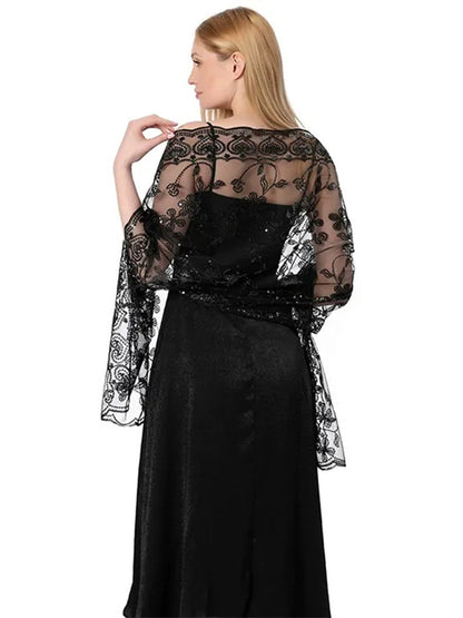 Women's Lace Sequined Elegant Cape with Appliques