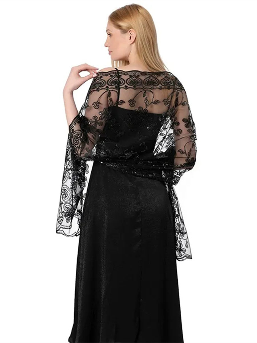 Women's Lace Sequined Elegant Cape with Appliques