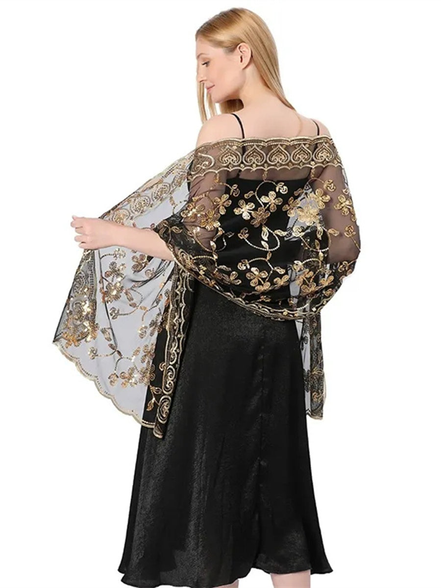 Women's Lace Sequined Elegant Cape with Appliques