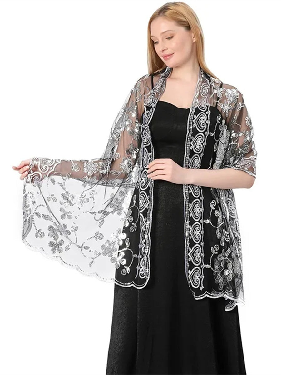 Women's Lace Sequined Elegant Cape with Appliques