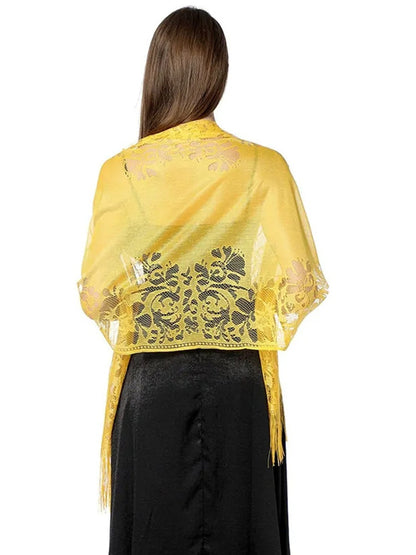 Women's Solid Colored Fringed Scarf Cape with Floral Cut-out