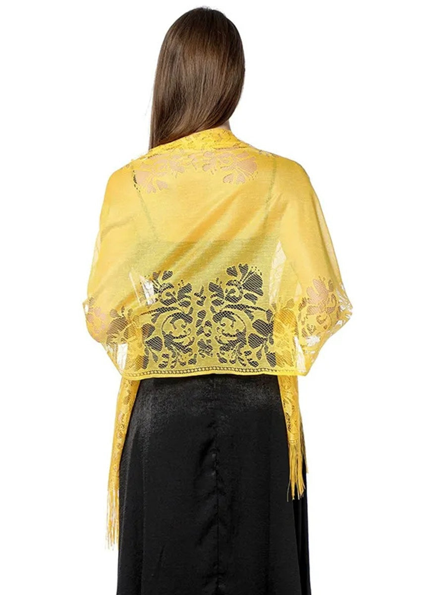 Women's Solid Colored Fringed Scarf Cape with Floral Cut-out