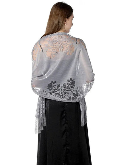 Women's Solid Colored Fringed Scarf Cape with Floral Cut-out