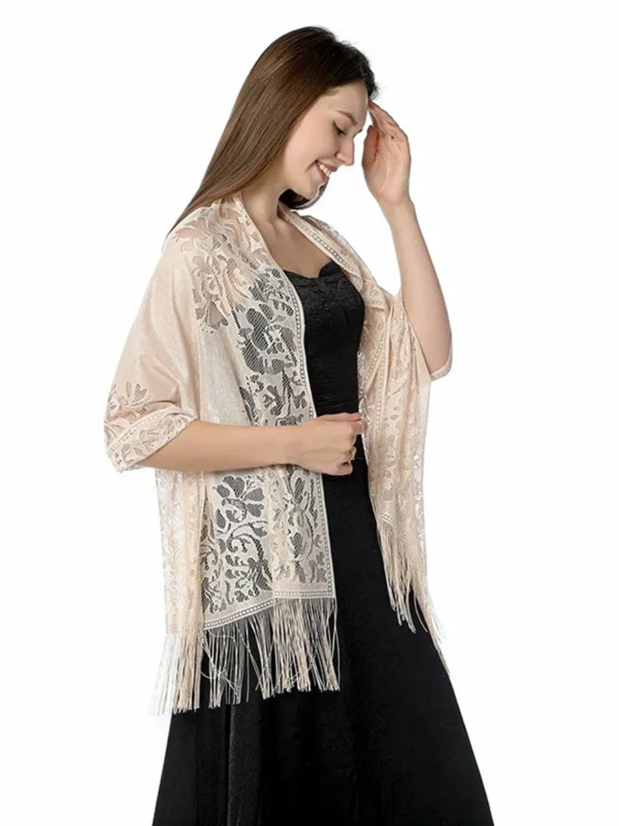 Women's Solid Colored Fringed Scarf Cape with Floral Cut-out