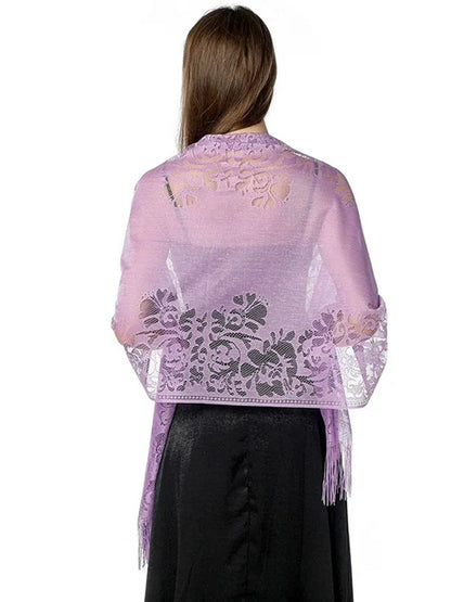 Women's Solid Colored Fringed Scarf Cape with Floral Cut-out