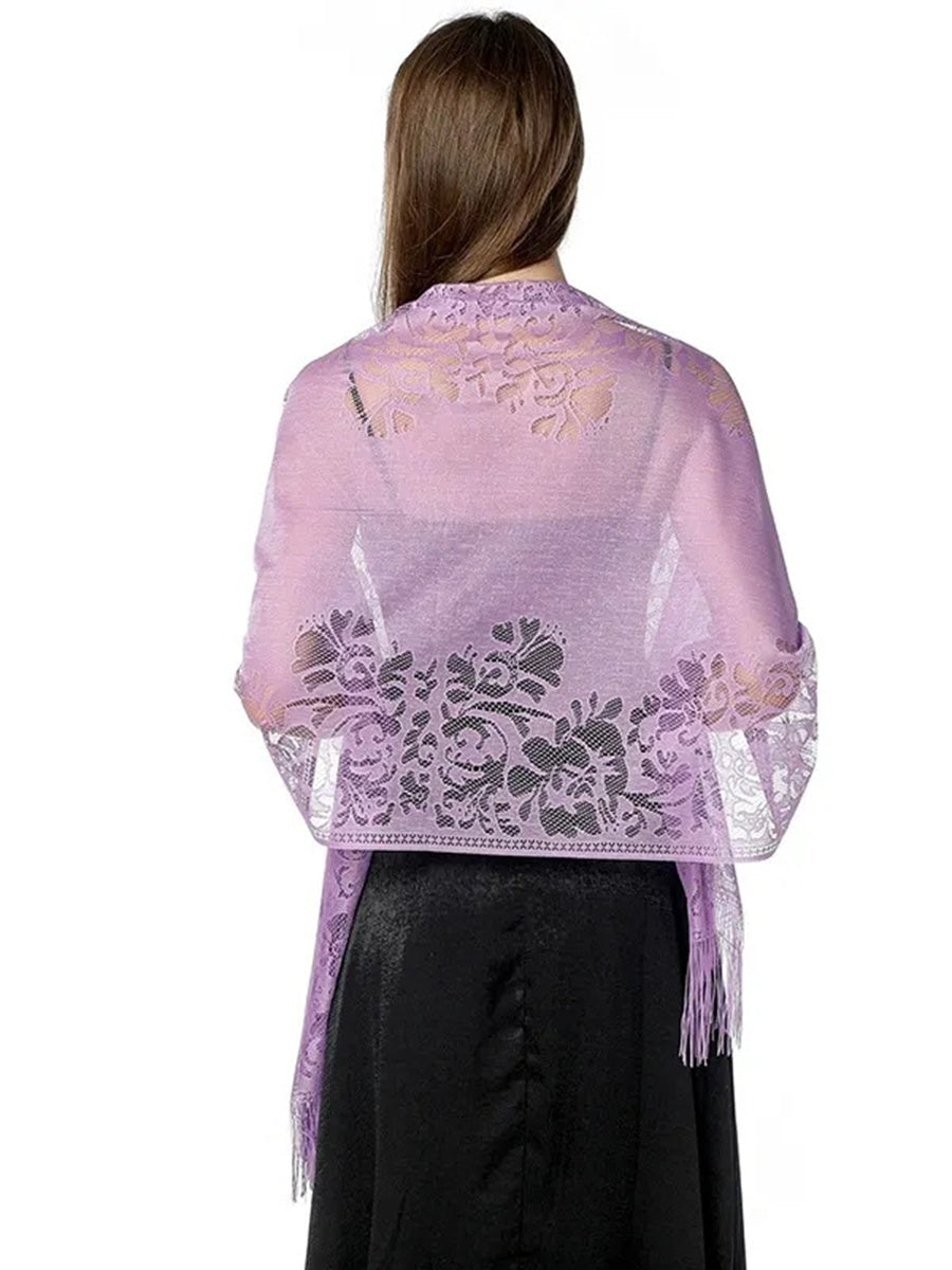 Women's Solid Colored Fringed Scarf Cape with Floral Cut-out