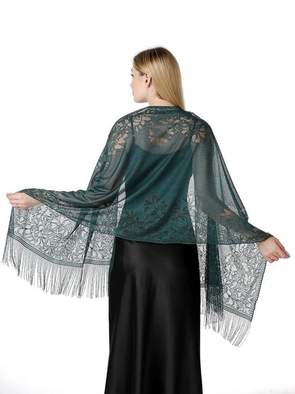 Women's Solid Colored Fringed Scarf Cape with Floral Cut-out