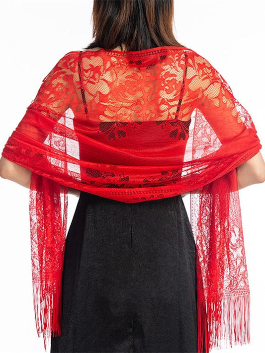 Women's Solid Colored Fringed Scarf Cape with Floral Cut-out