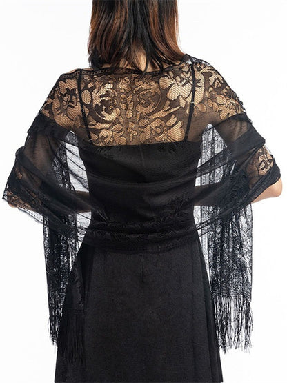 Women's Solid Colored Fringed Scarf Cape with Floral Cut-out