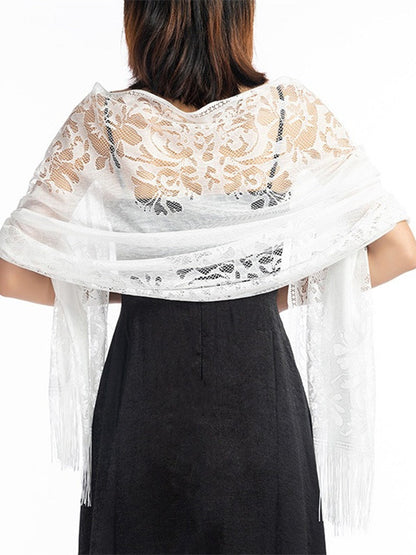 Women's Solid Colored Fringed Scarf Cape with Floral Cut-out